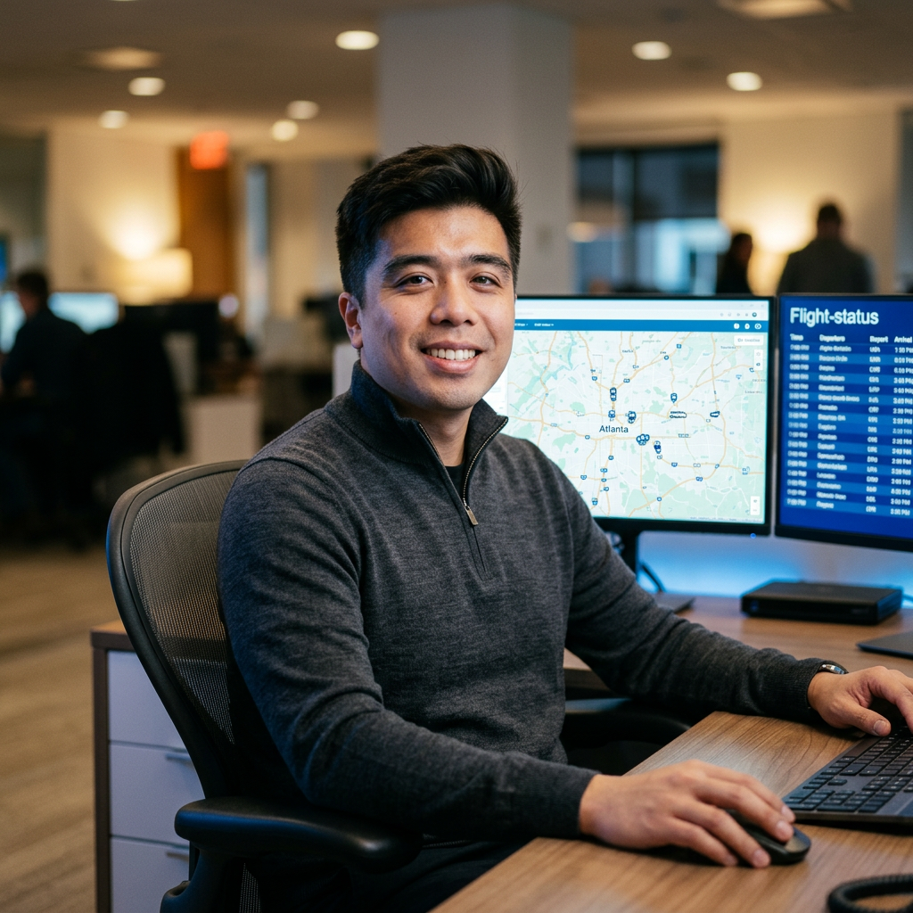 EJ Flores, SoHo Management account manager, on a headset reviewing a client trip card at the operations desk