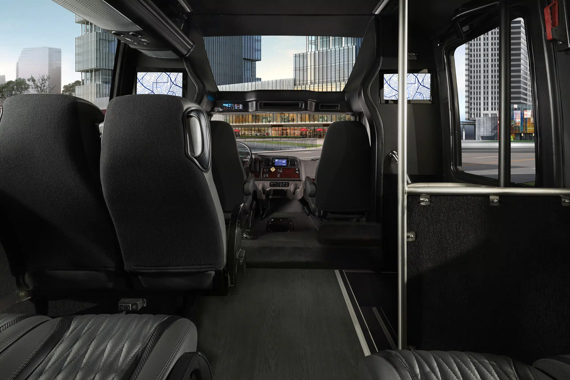 Mid coach forward cabin with flip-down monitors