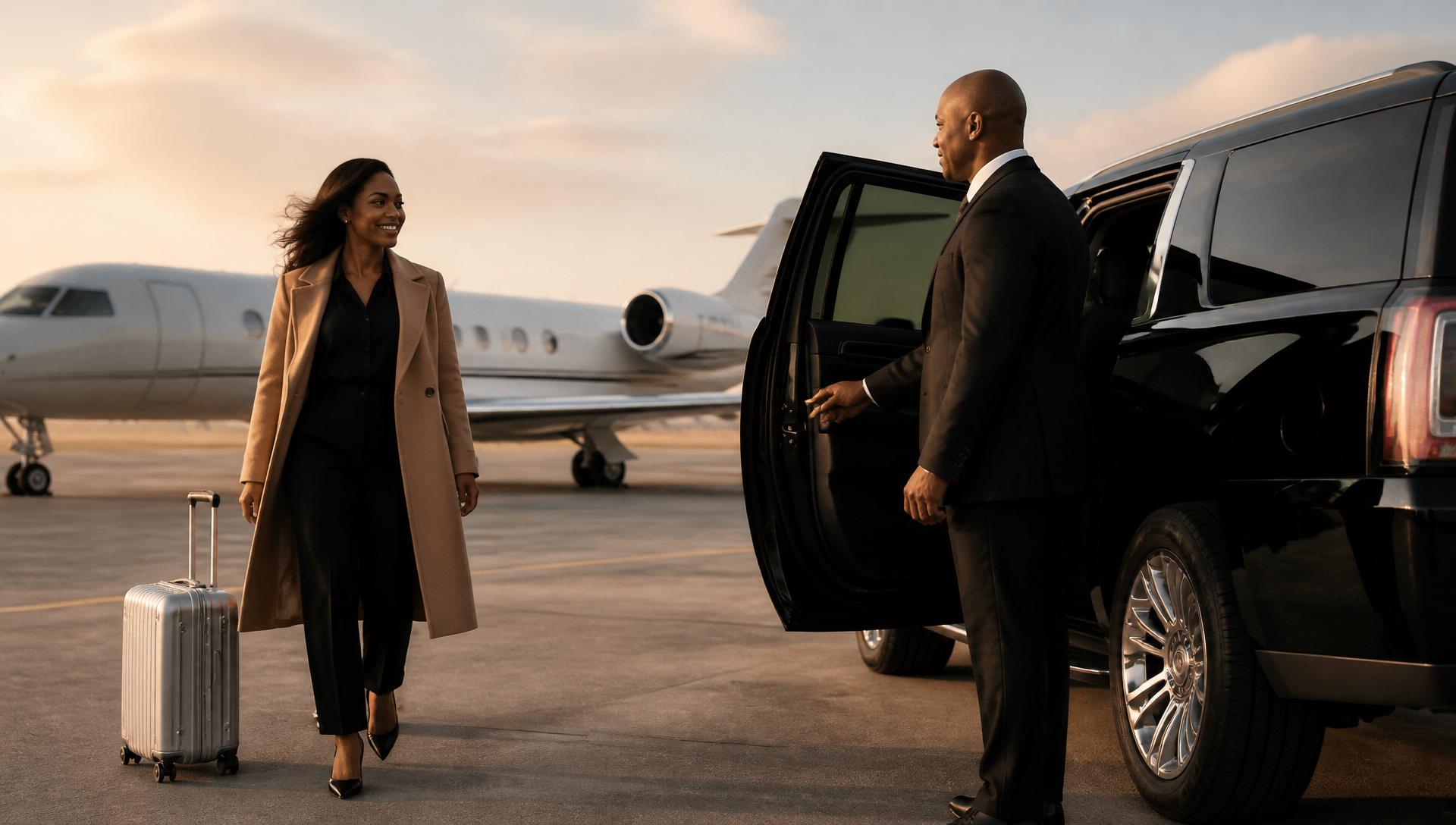 A happy executive arriving at a private jet with a chauffeur opening the door of a black luxury SUV