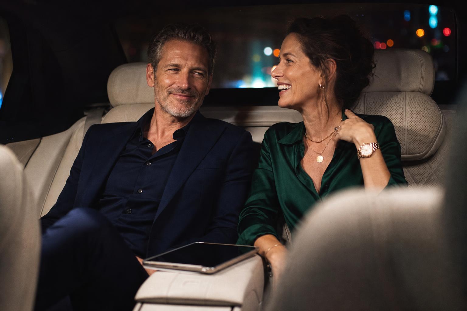 Executive couple in the rear cabin of a chauffeured Mercedes-Benz S 580 sedan