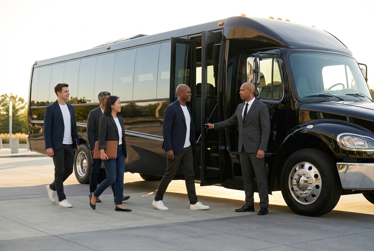 Mid Coach interior — reclining seats and overhead storage prepped for a corporate group transfer