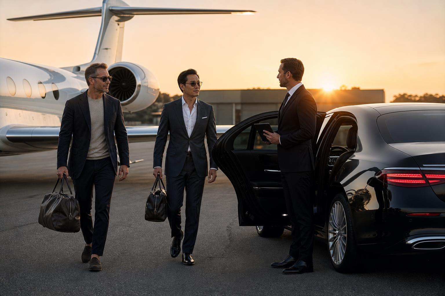 Black luxury sedan and full-size SUV pulled up door-open on the FBO tarmac beneath a private jet wing, chauffeurs holding iPads as executives walk over