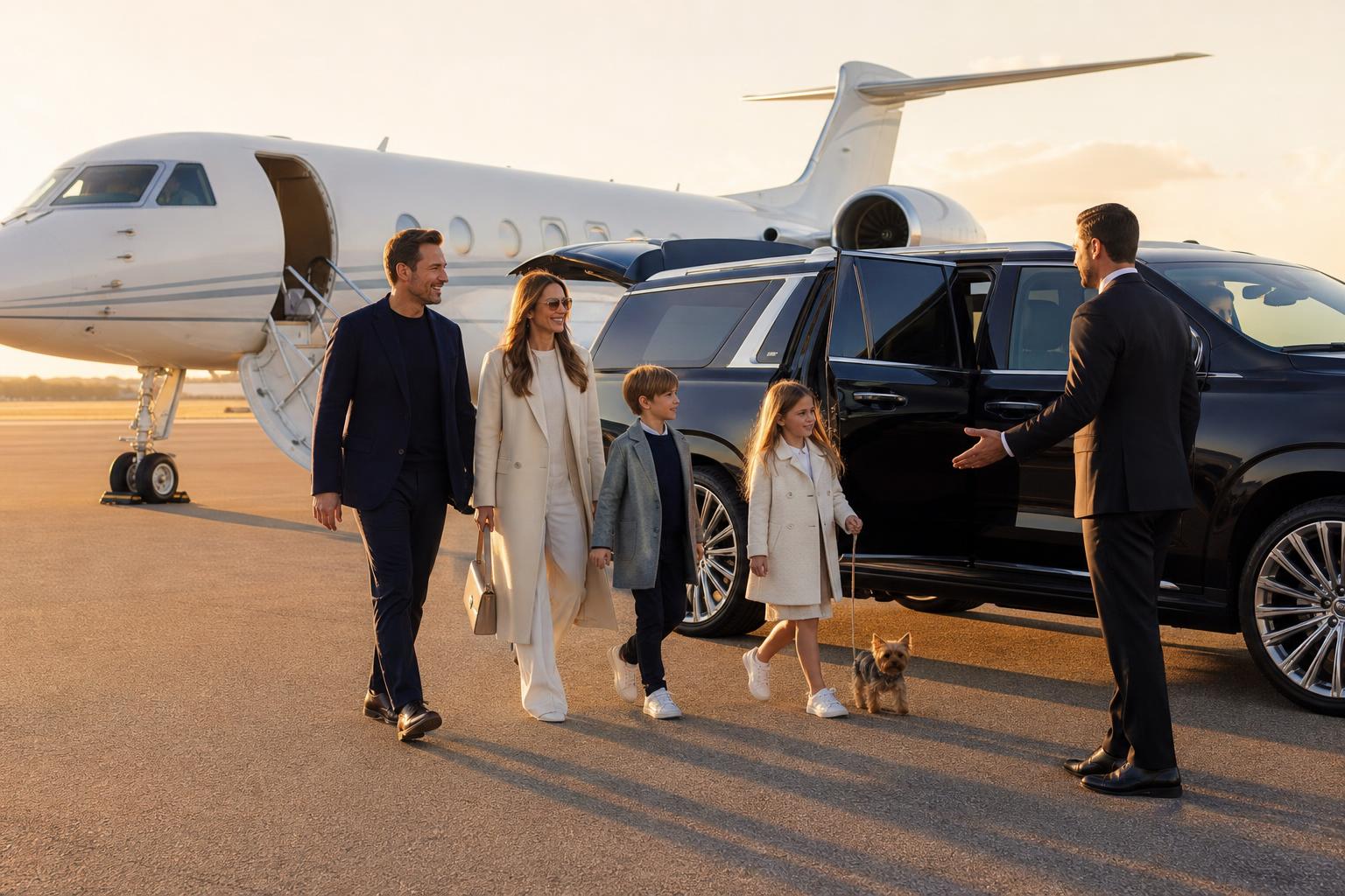 Wealthy family with a small dog walking a short red carpet from the FBO toward a private jet, executive Sprinter and mini coach staged door-open beside them