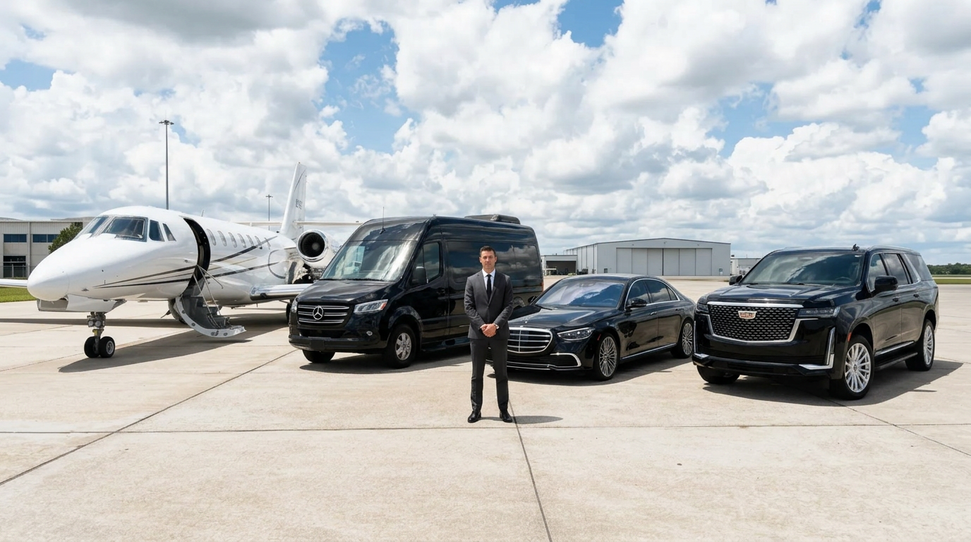 Black-on-black luxury fleet — executive Sprinter, S 580 sedan, Escalade ESV — staged on the FBO tarmac beside a private jet under a clear daytime sky, single chauffeur waiting