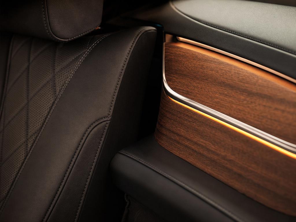 Quilted leather seat detail with wood and ambient lighting