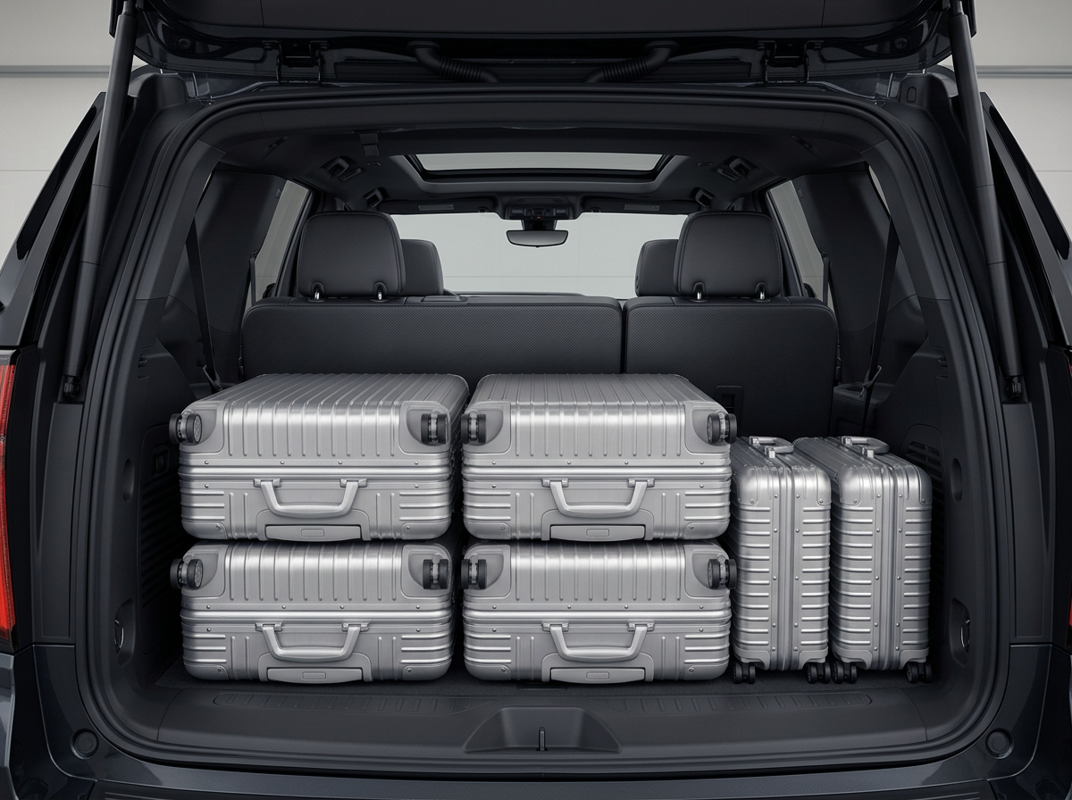 SUV cargo bay loaded with six suitcases