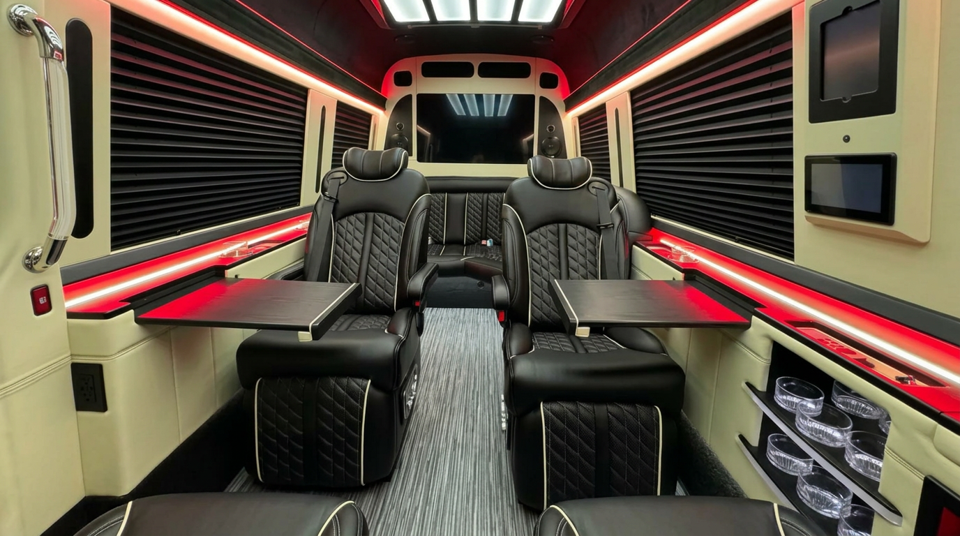 Jet-style cabin with quilted captain chairs and ambient lighting