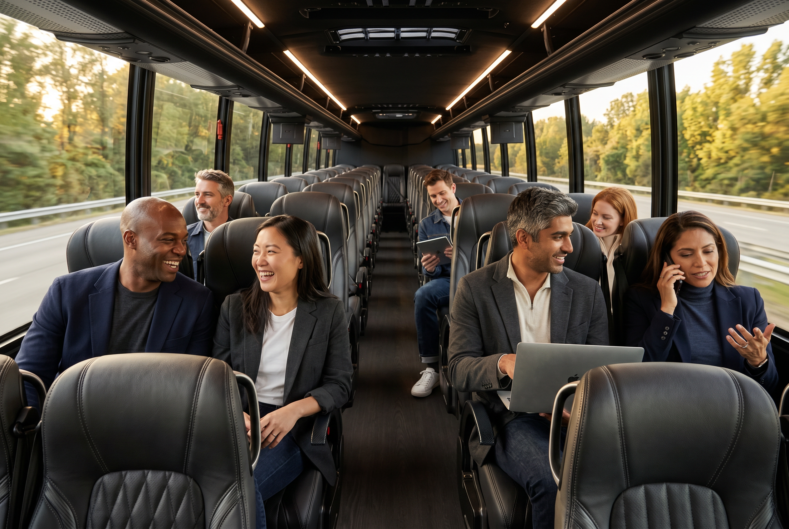Mid Coach interior rear view — leather seating and aisle prepared for VIP attendees