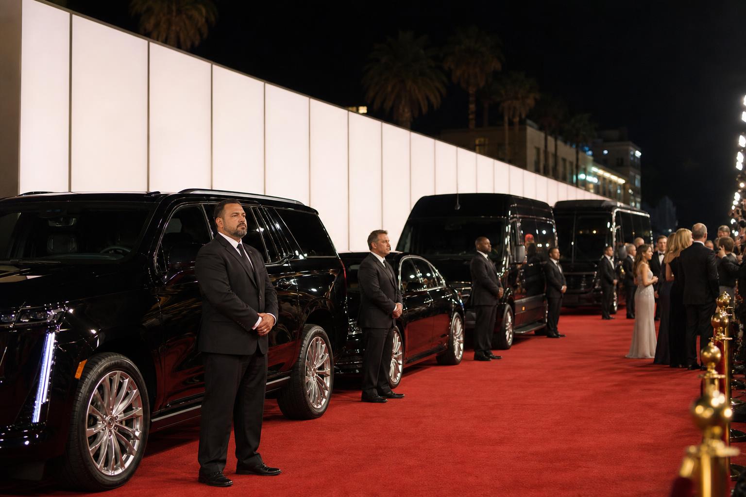 Row of black-on-black luxury SUVs, sedan, Sprinter, and mini coach with chauffeurs posted at each door along a red carpet