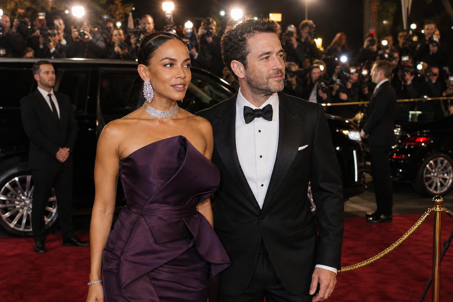 Celebrities on a red carpet under paparazzi flashes with chauffeurs posted at open vehicle doors behind them