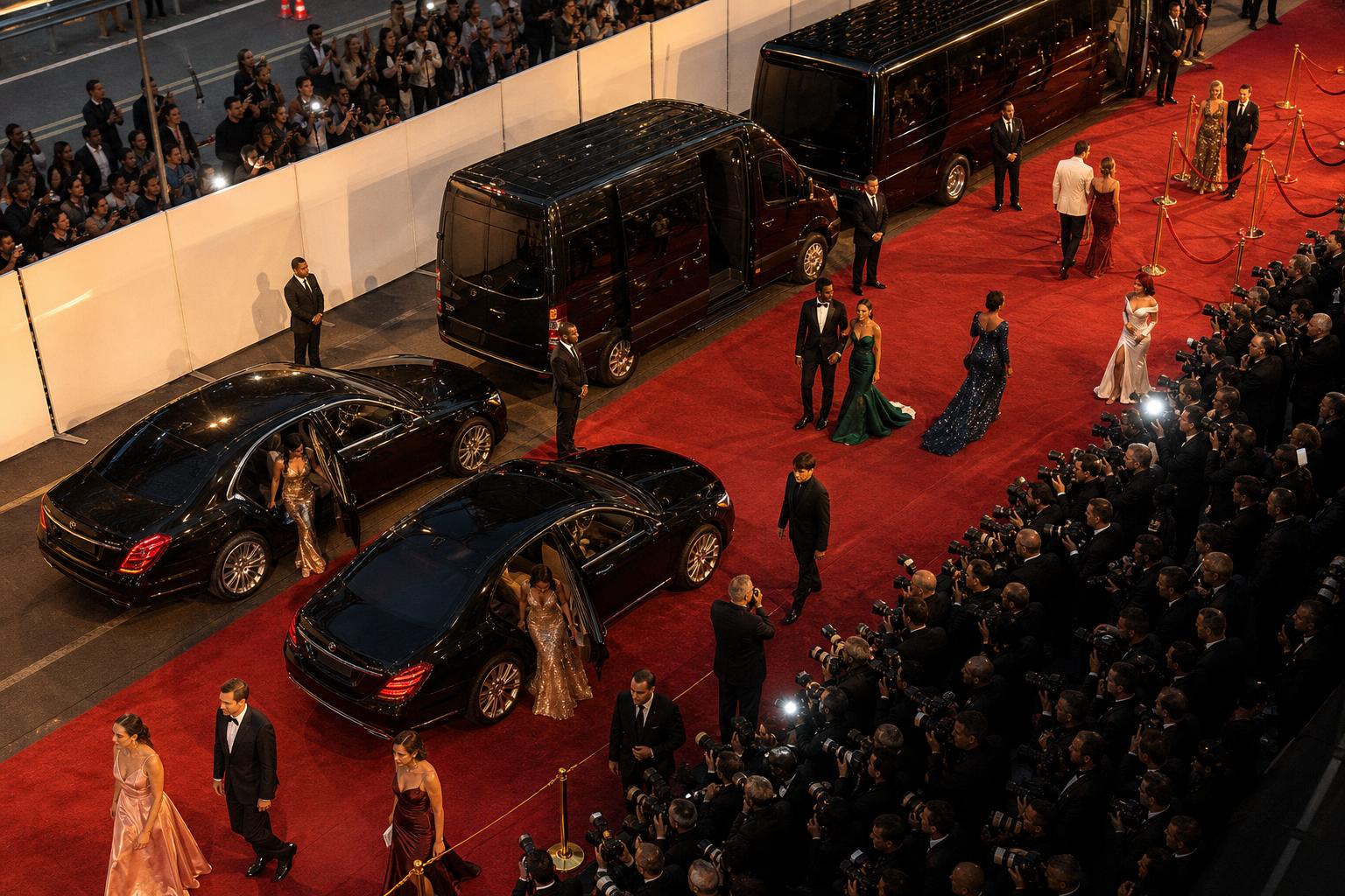 Aerial view of a full luxury black-on-black fleet staged for an awards-night red carpet arrival
