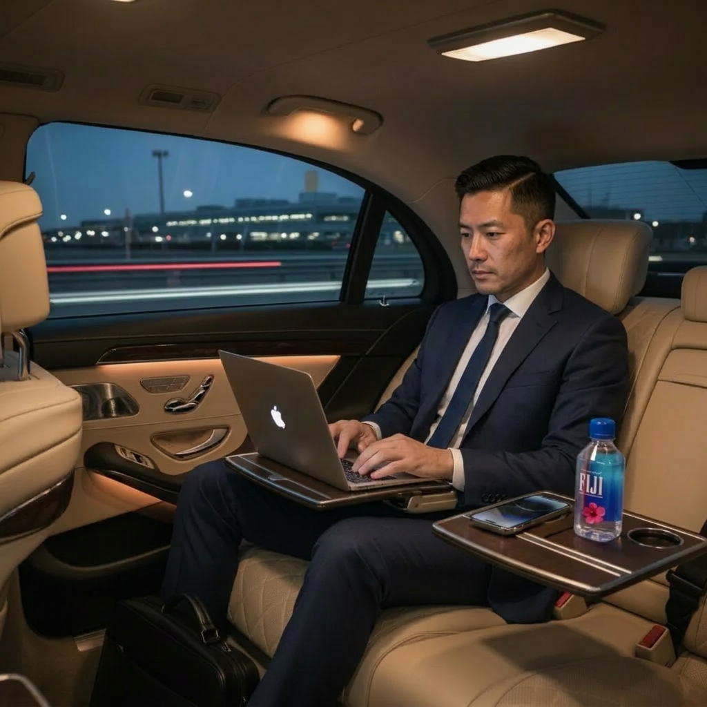 East Asian executive working on a laptop in the rear cabin of a chauffeured Mercedes-Benz S 580 sedan
