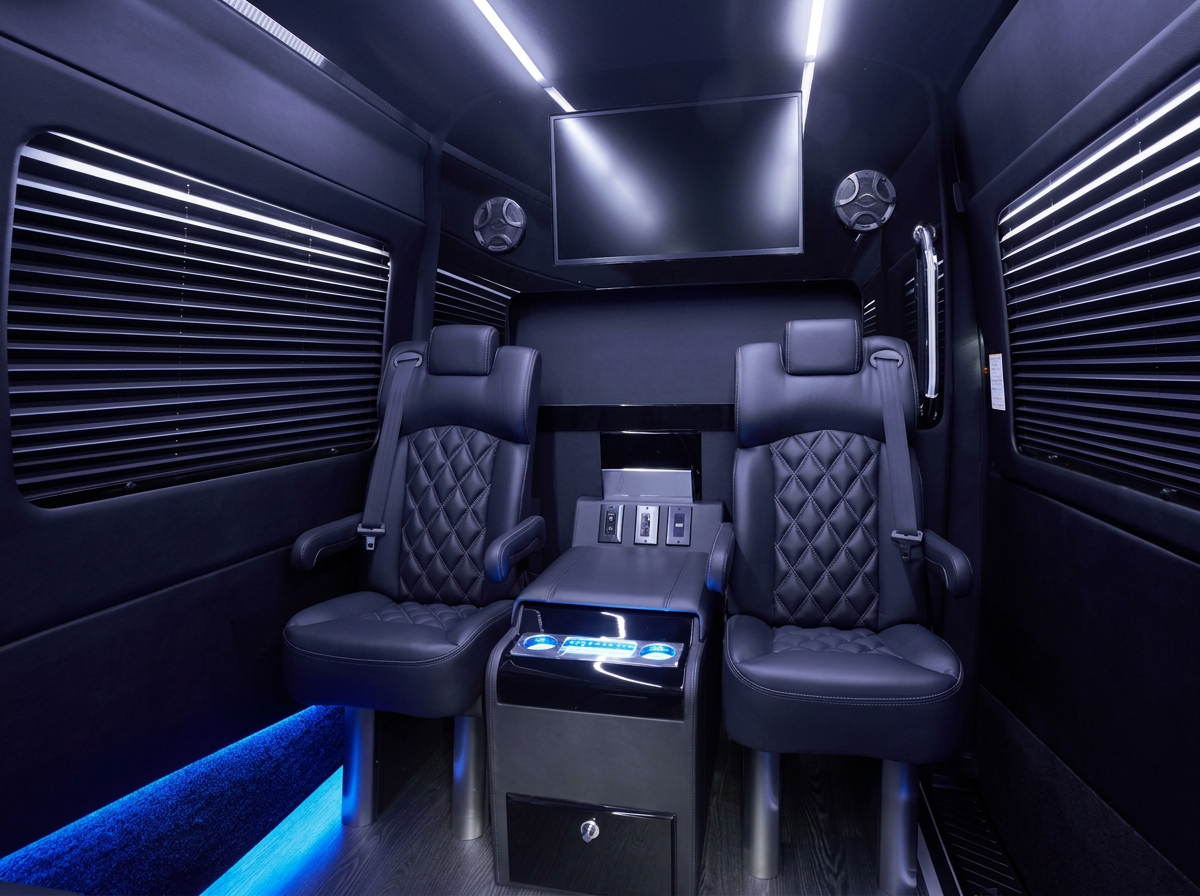 Rear-facing executive pair with quilted leather and console