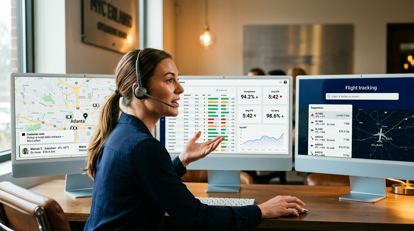 Dispatcher monitoring a live fleet map in a 24/7 corporate transportation operations center