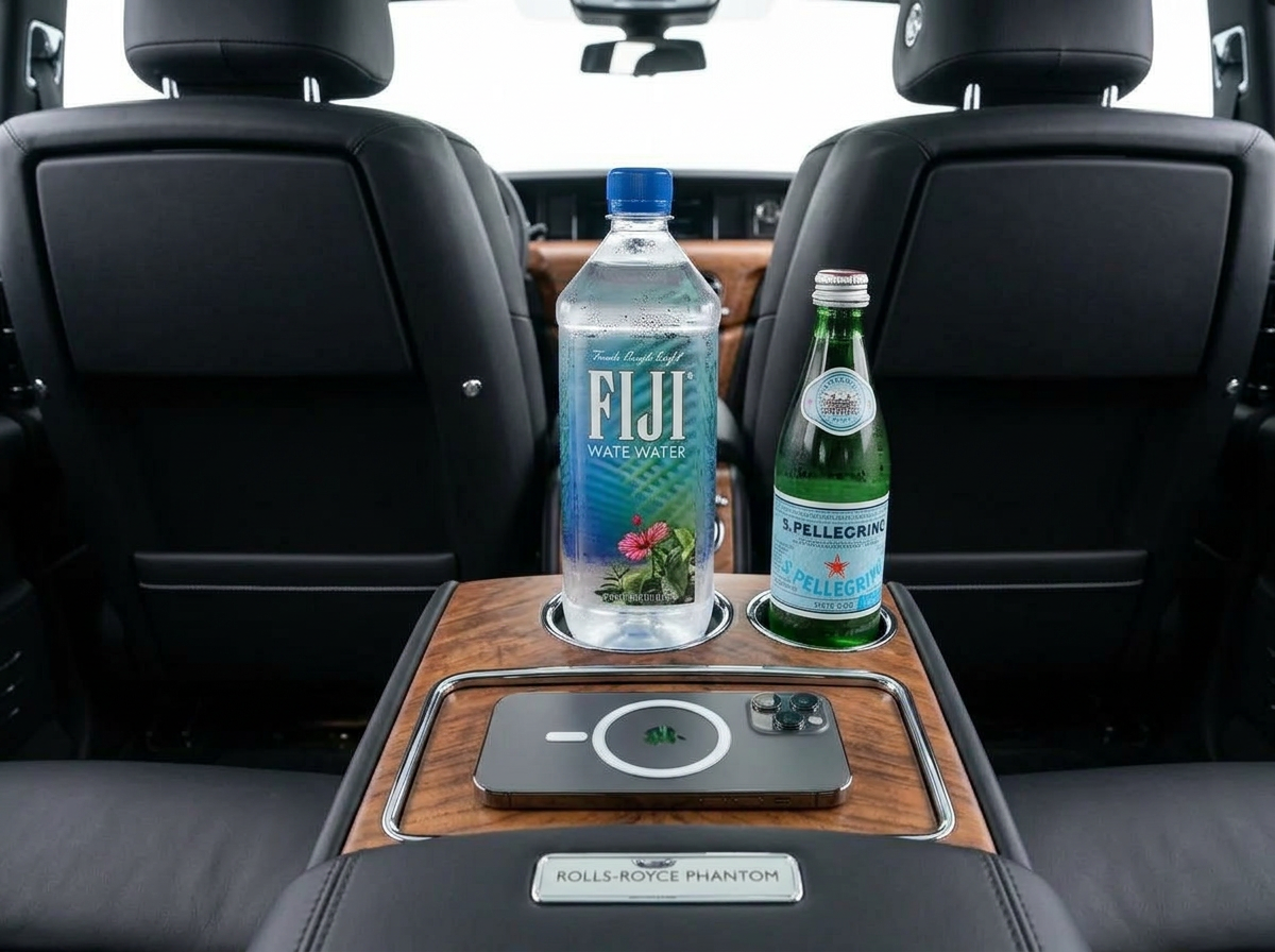Rear console with refreshments and wireless charging