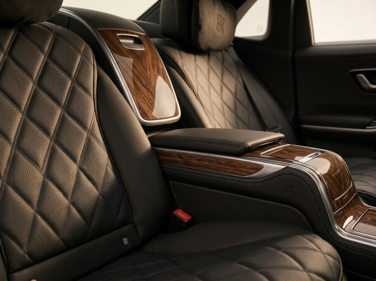 Hand-stitched leather seat with open-pore wood and chrome trim