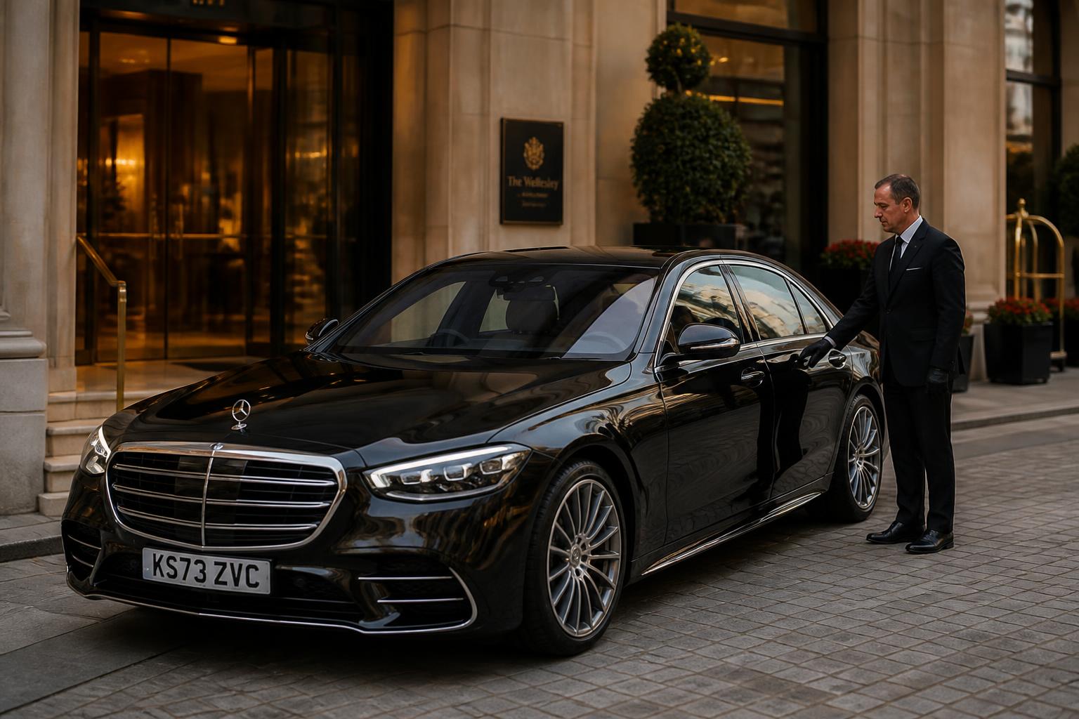 Black Mercedes S-Class arriving at a luxury hotel porte-coch\u00e8re