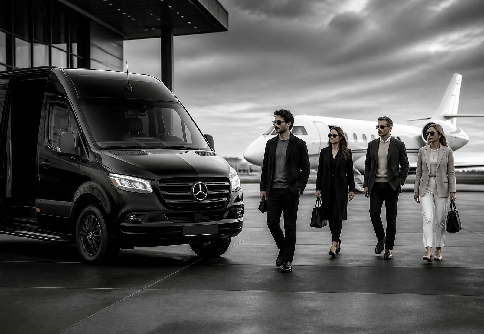 Four executives walking from a private jet toward a matte black luxury Sprinter at an FBO