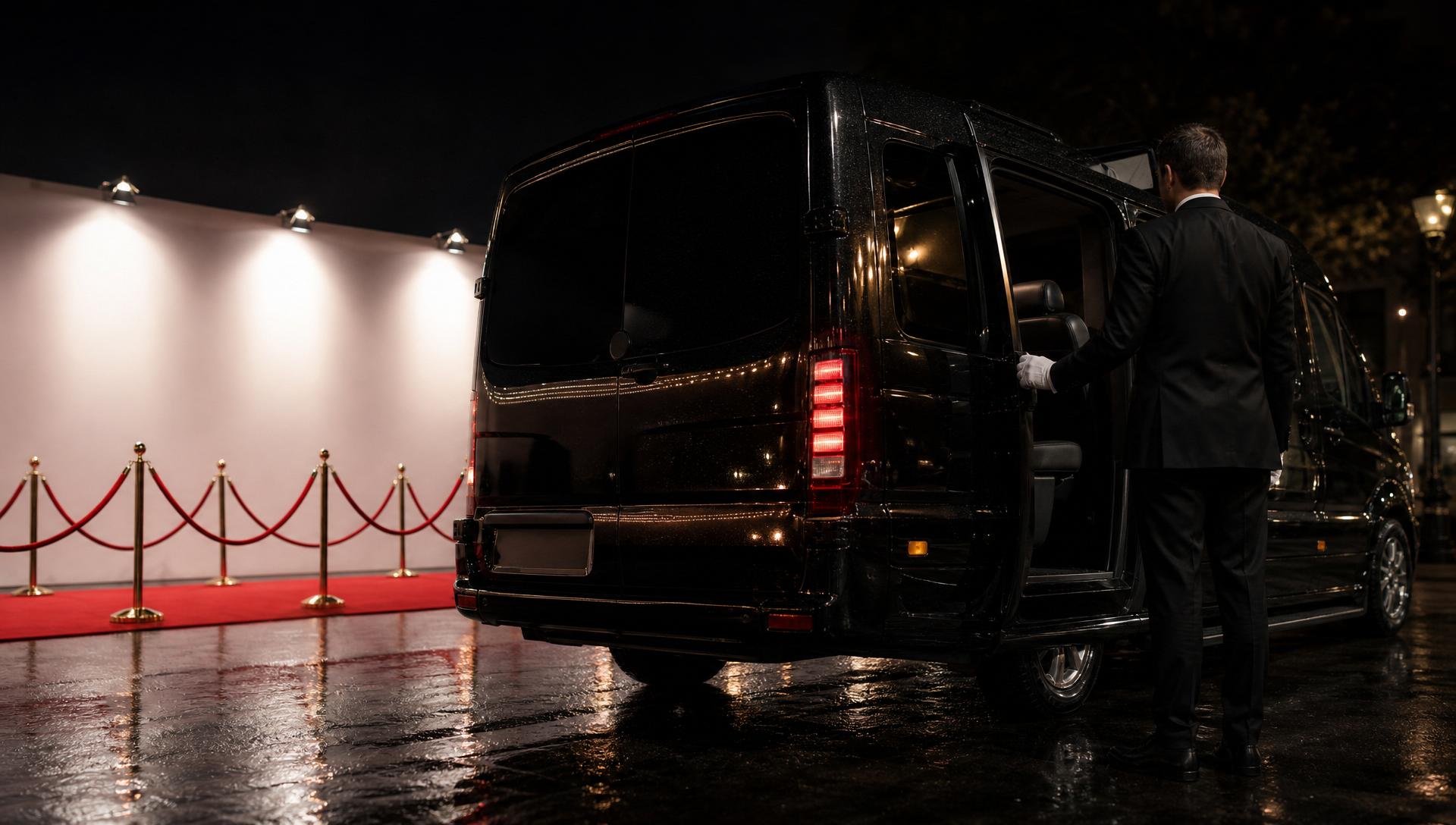 Chauffeur beside a black luxury Sprinter at an event red carpet