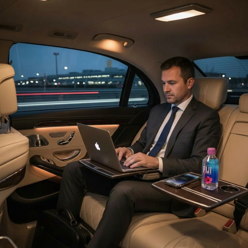 Interior of a luxury chauffeured sedan ready for a high-end traveler
