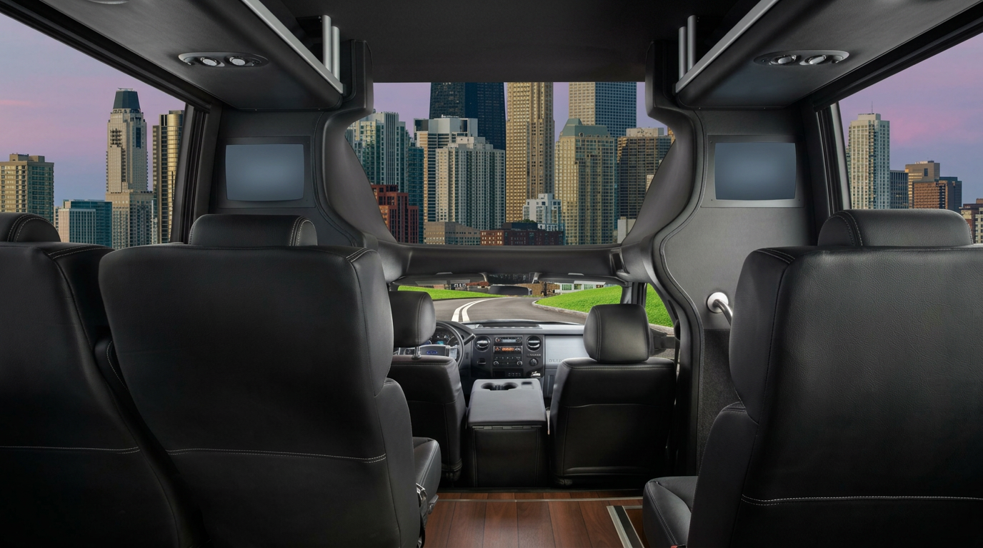 Mini coach front cabin viewed from the rear bench