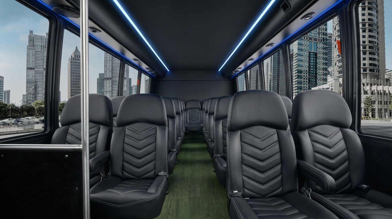 Mini coach interior with stitched seating and ambient lighting