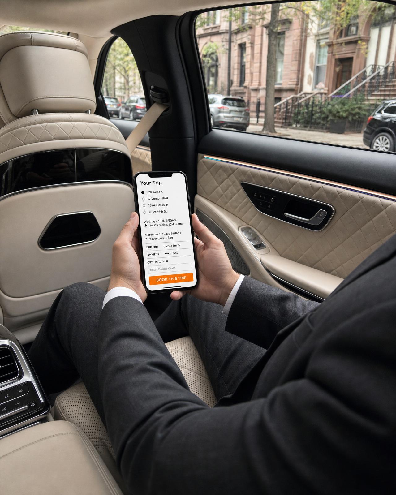 Passenger holding a phone showing the SoHo Management app with ride confirmation, chauffeur details, live map, and chat