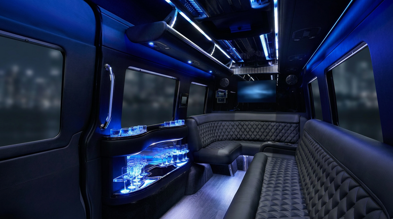 Rear lounge with wraparound bench and bar console