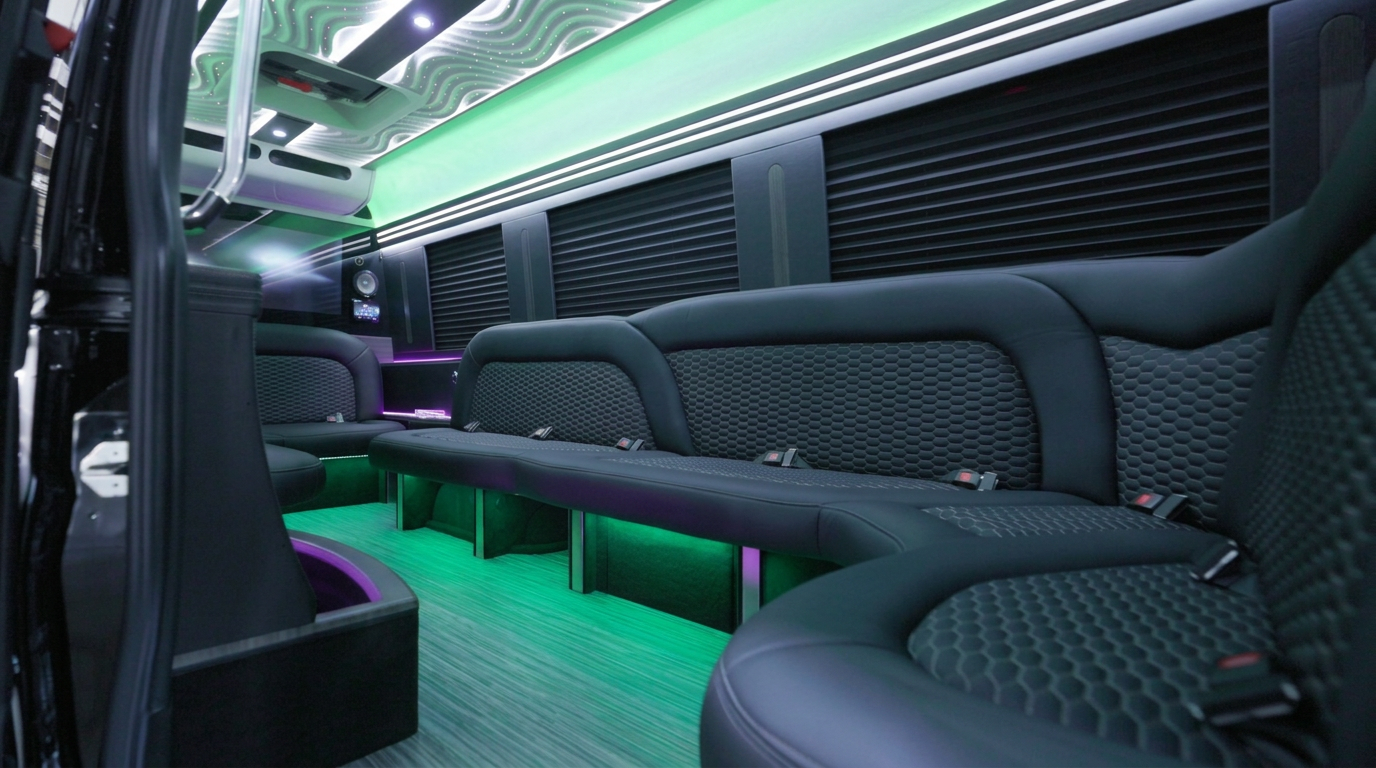 Interior with honeycomb-stitched bench and fiber-optic ceiling